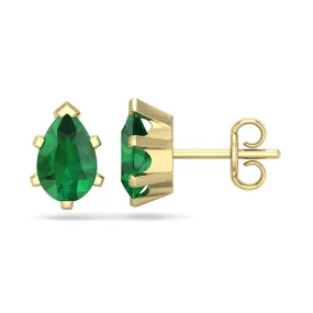 1 1/2 Carat Pear Shape Emerald Stud Earrings In 14K Yellow Gold Over Sterling Silver