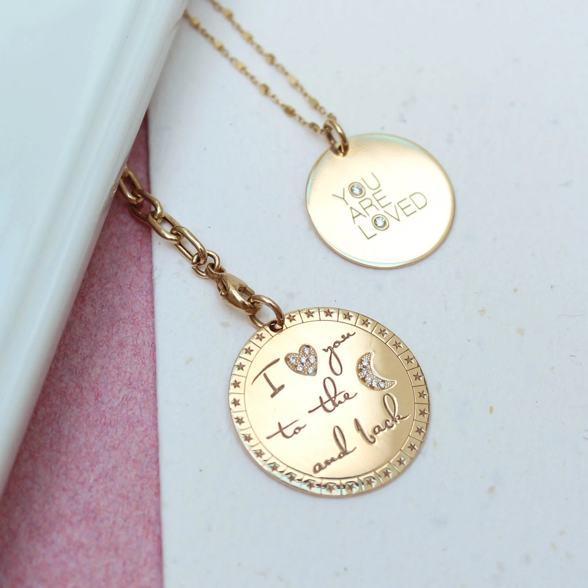 14k Single Medium YOU ARE LOVED with Diamonds Disc Charm