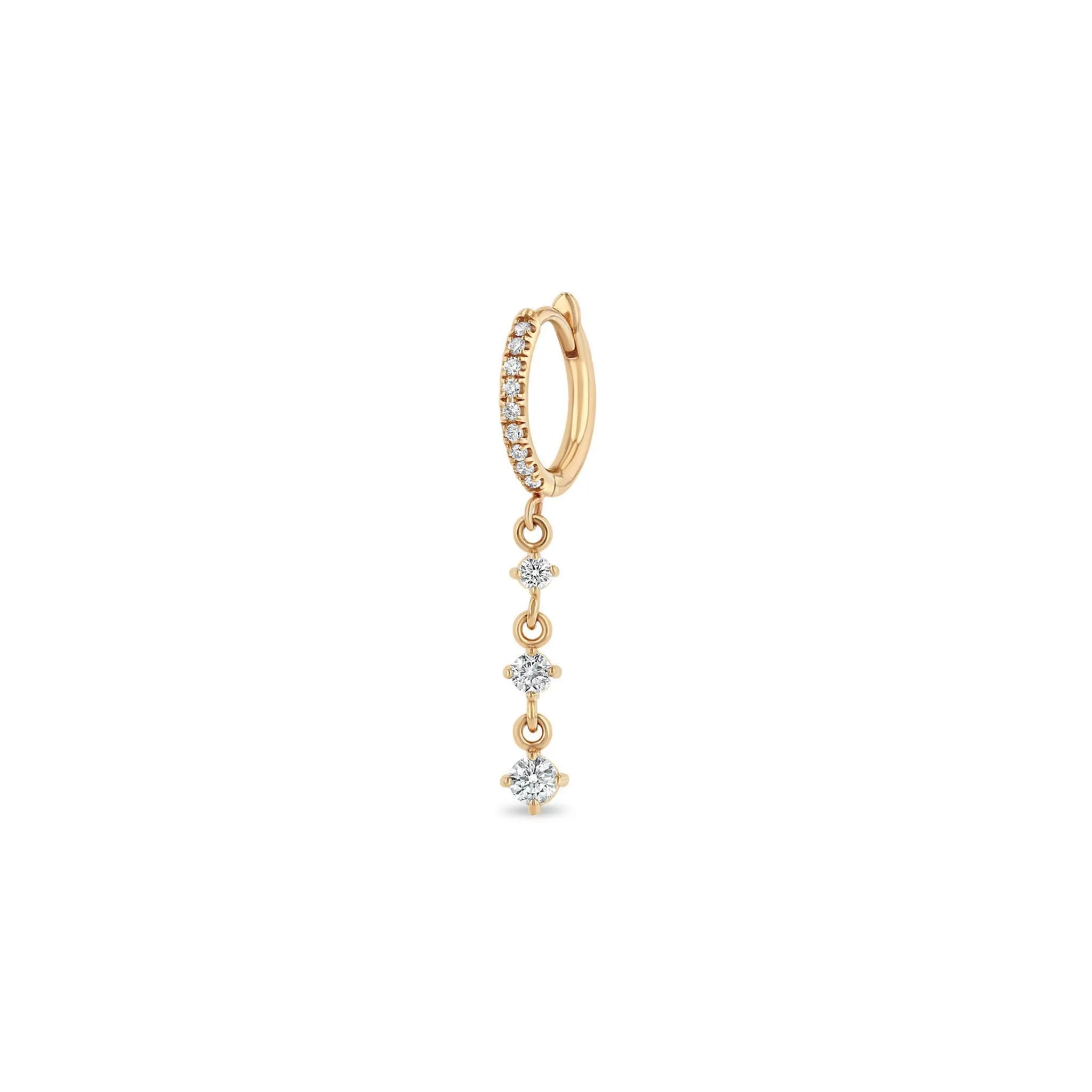 14k Small Pavé Diamond Hinge Huggie Hoops with Linked Diamond Drop