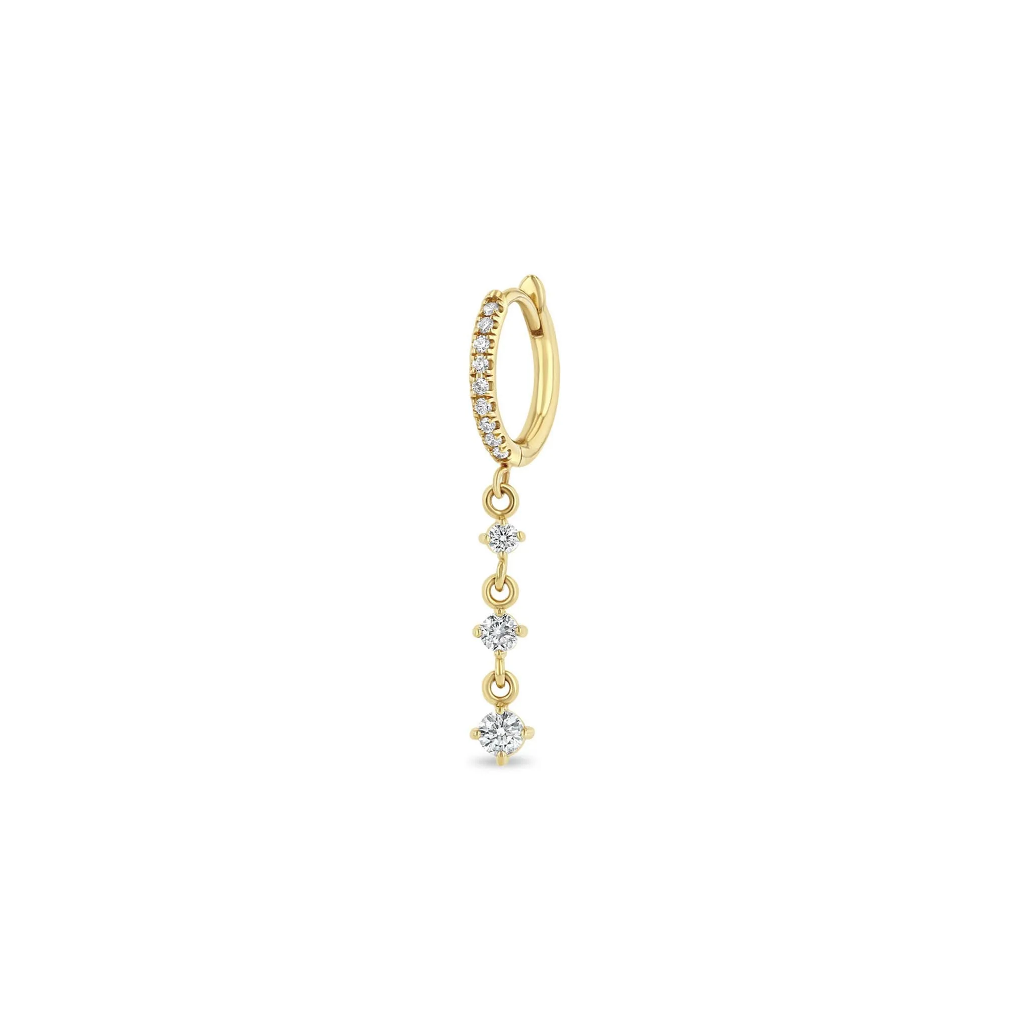 14k Small Pavé Diamond Hinge Huggie Hoops with Linked Diamond Drop