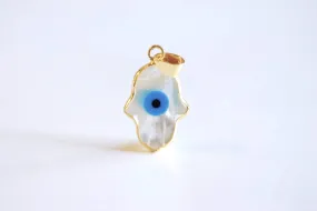 22k Gold Wholesale Plated Evil Eye Hamsa Hand Charm Pendant- Hamsa Hand Evil Eye Charm with Attached Bail, Natural White Shell Evil Eye, Yoga Charm