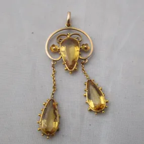 9k Gold And Citrine dangling Lavalier Pendant Antique Edwardian c1910