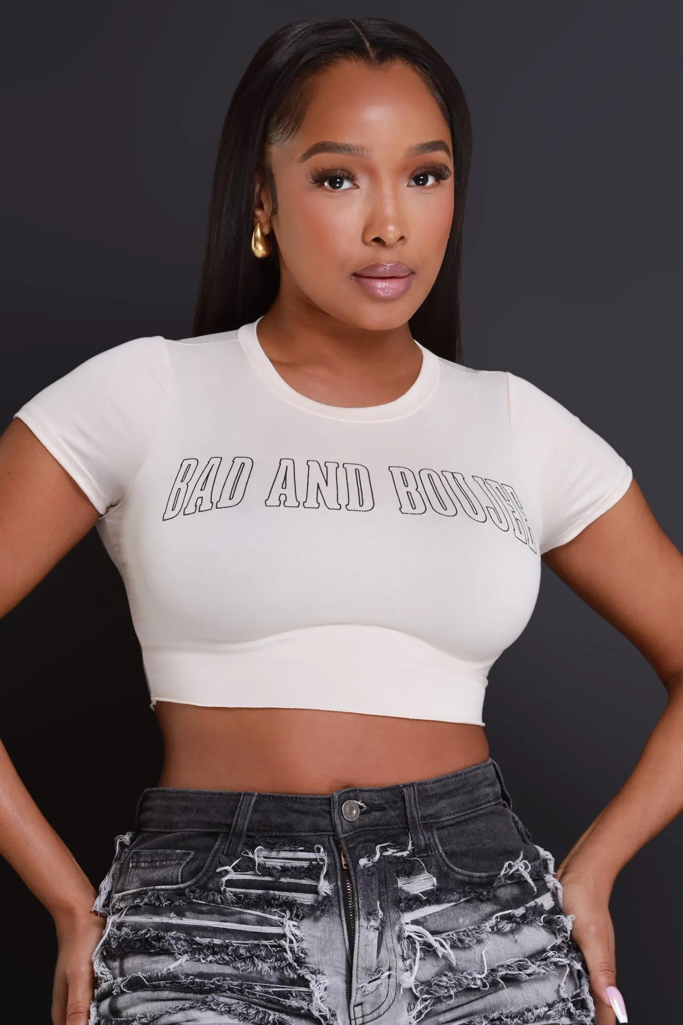 Bad And Boujee Cropped Graphic T-Shirt - Cream