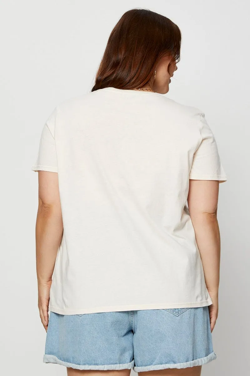 Beige Graphic T-Shirt Crew Neck Short Sleeve