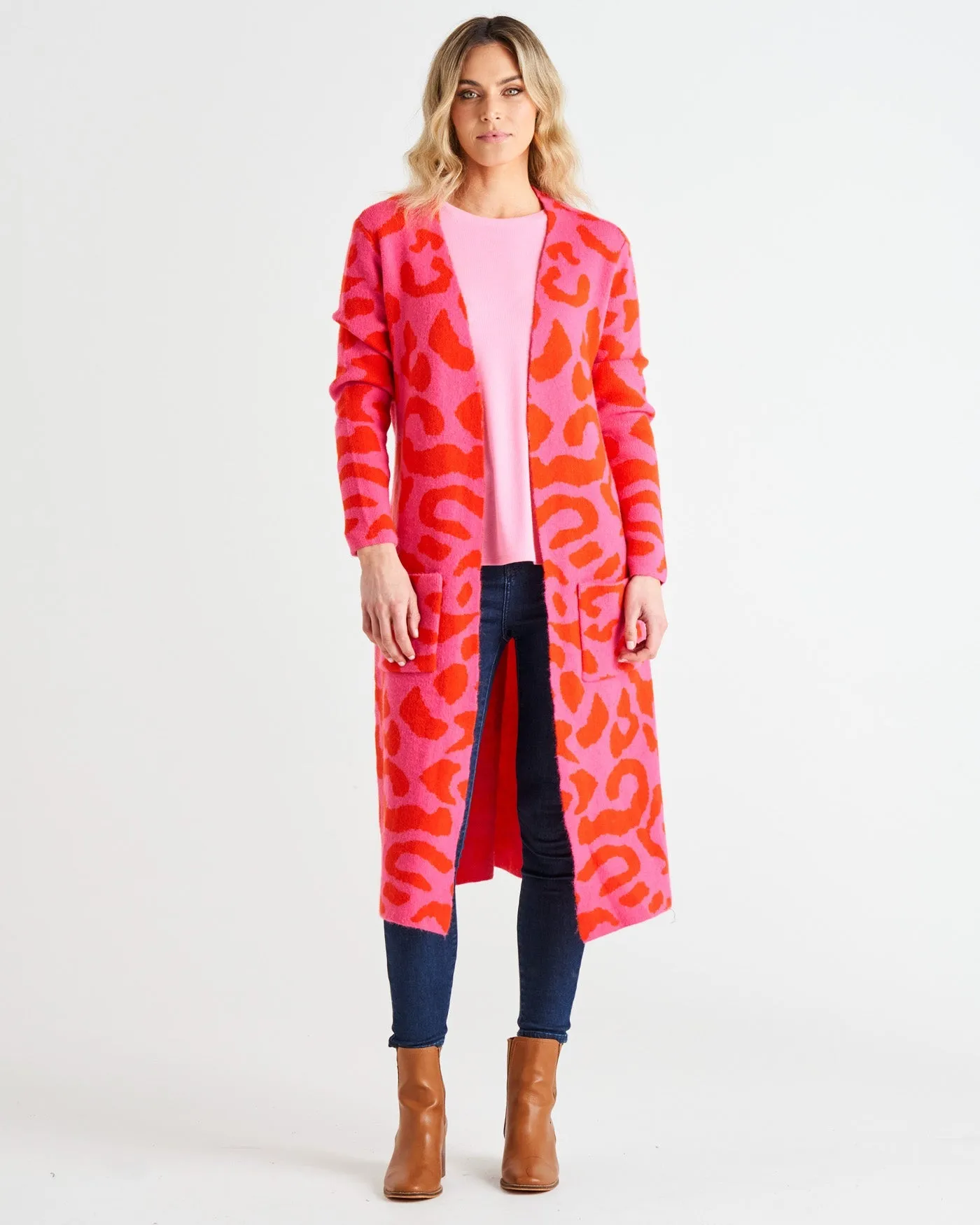 Betty Basics Swift Cardigan Pink/Red Cheetah Print