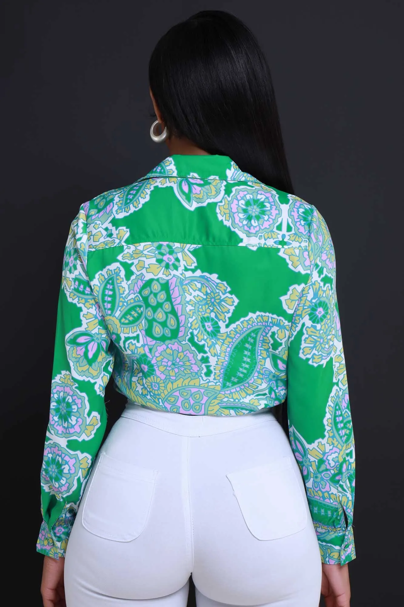 Close Friend Printed Button Up Top - Green Multicolor