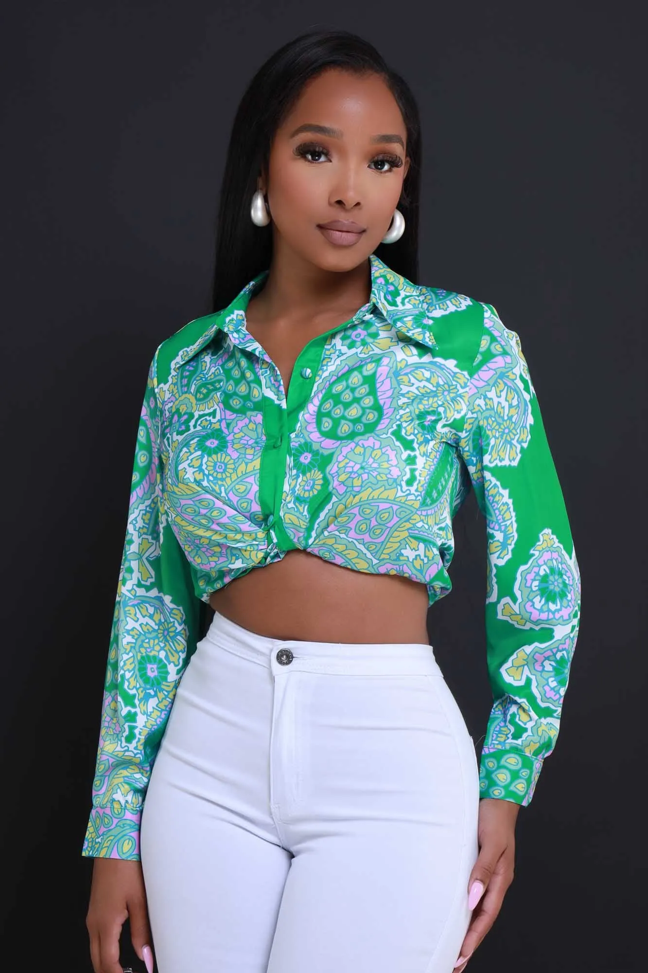 Close Friend Printed Button Up Top - Green Multicolor