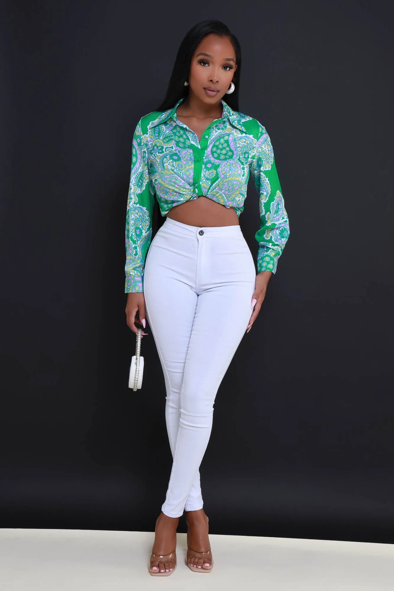 Close Friend Printed Button Up Top - Green Multicolor