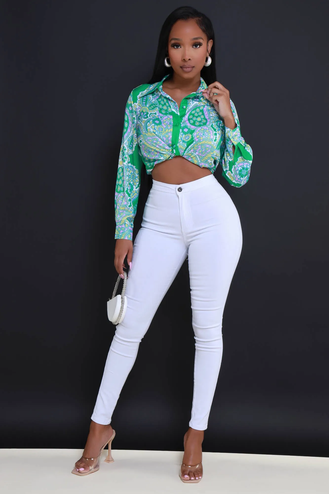 Close Friend Printed Button Up Top - Green Multicolor