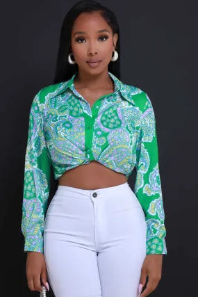 Close Friend Printed Button Up Top - Green Multicolor