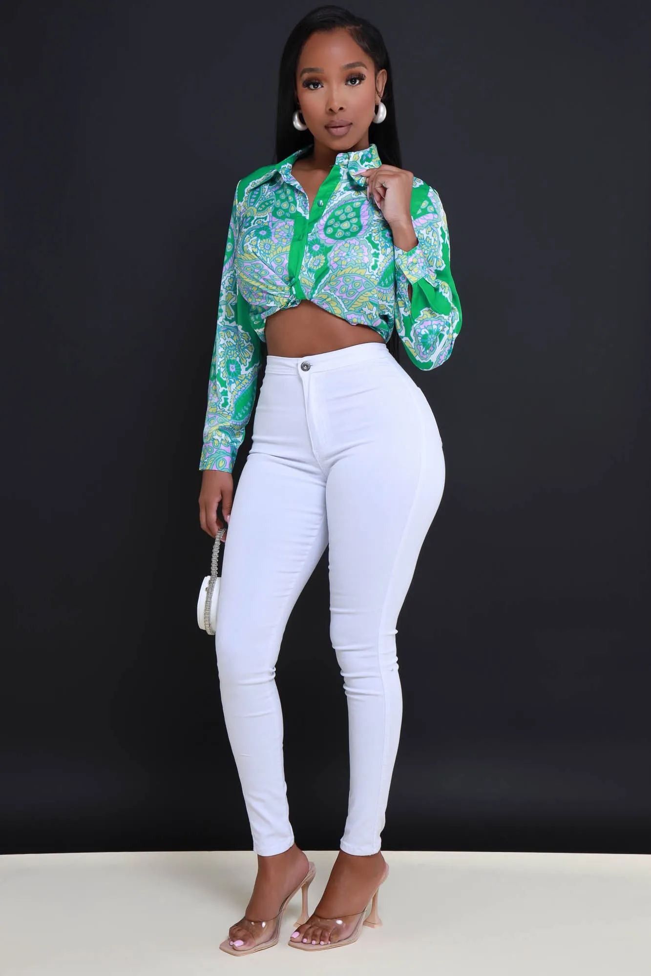 Close Friend Printed Button Up Top - Green Multicolor