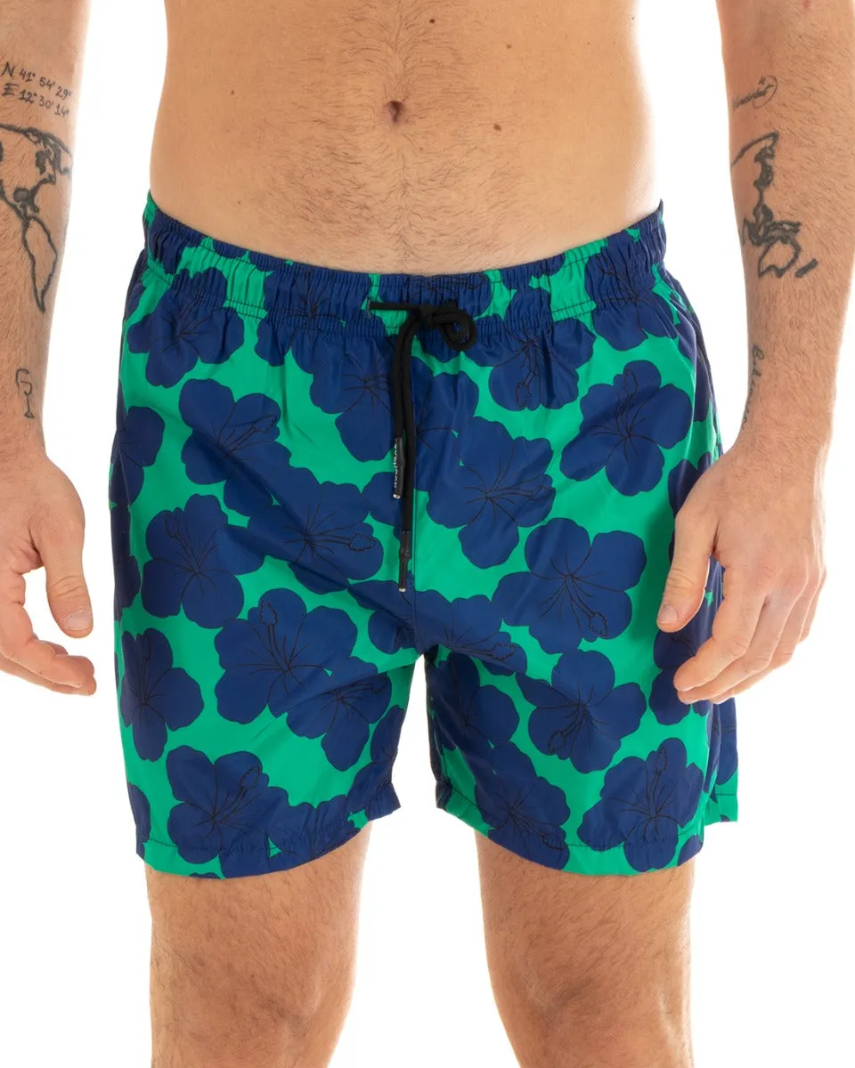 Costume Da Bagno Uomo Boxer Verde Fantasia Fiori Blu Elastico GIOSAL-SU1141A