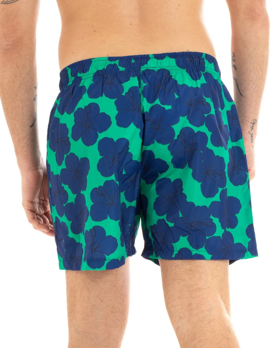 Costume Da Bagno Uomo Boxer Verde Fantasia Fiori Blu Elastico GIOSAL-SU1141A