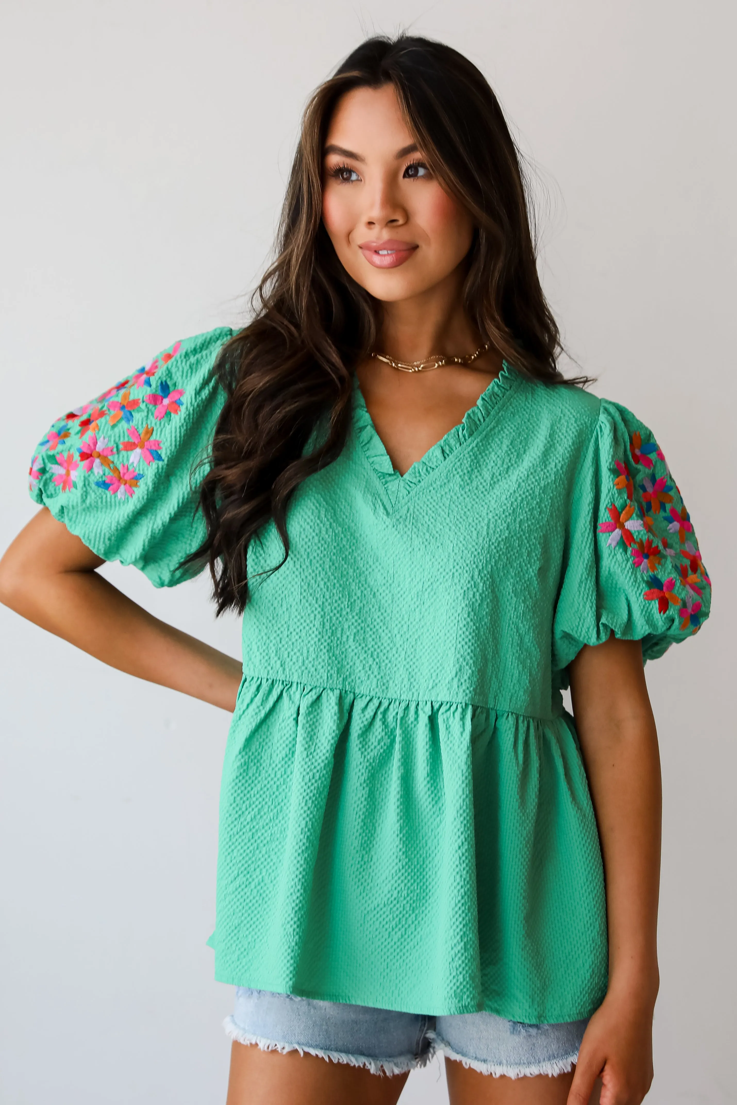 Cute Status Green Puff Sleeve Babydoll Blouse