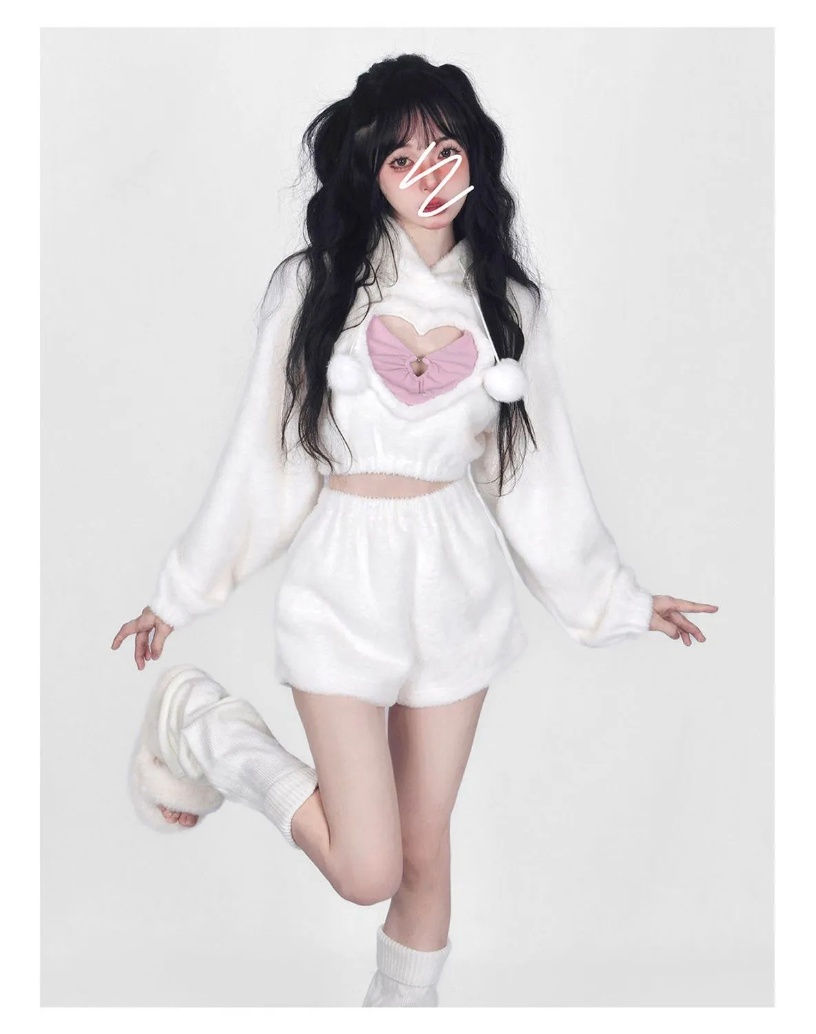 Cute White Hoodie Heart Two Piece Set