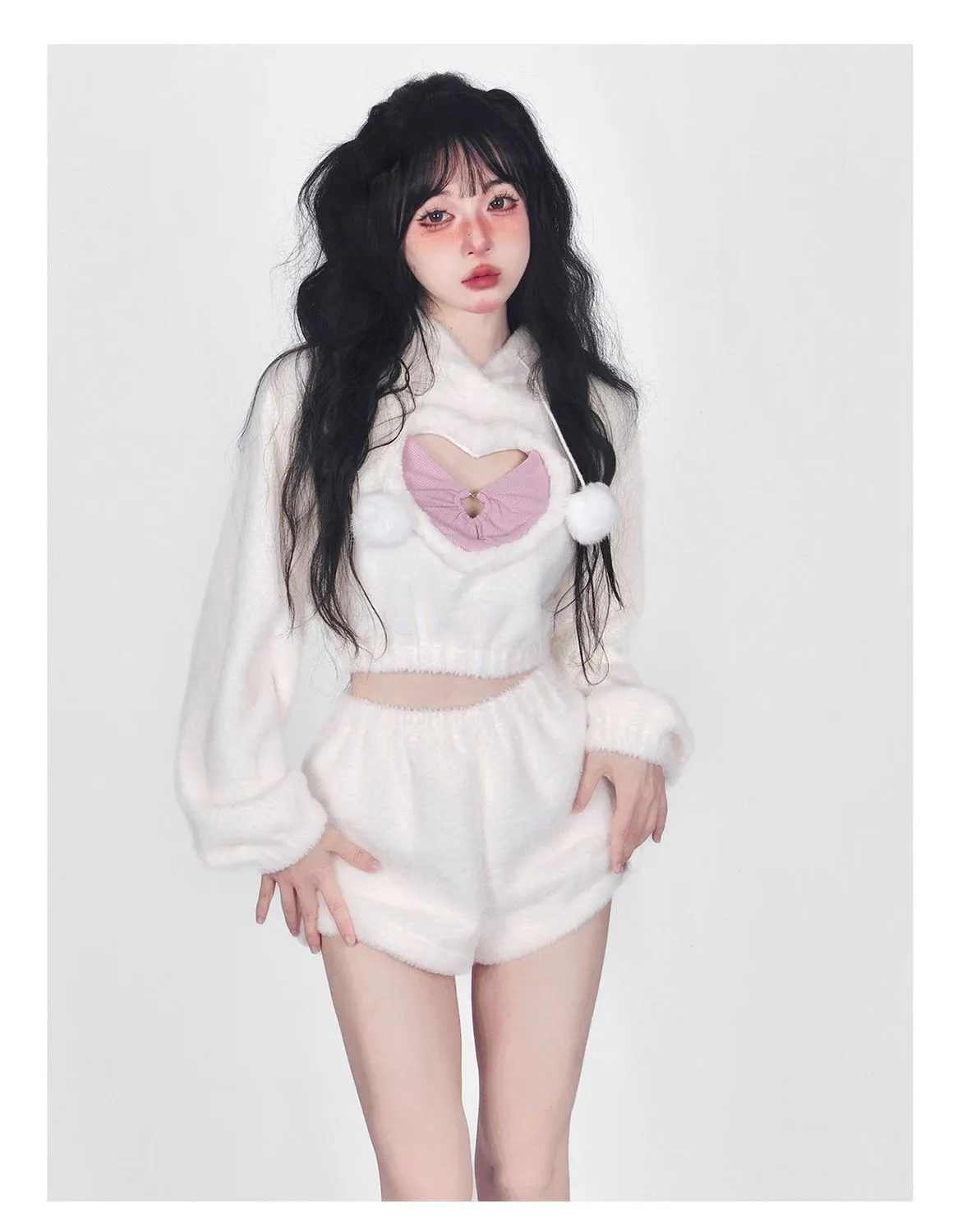 Cute White Hoodie Heart Two Piece Set