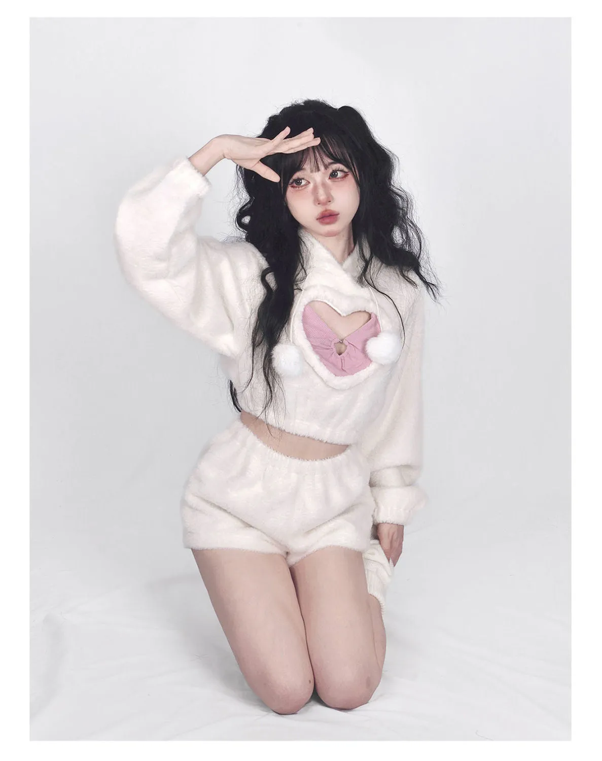 Cute White Hoodie Heart Two Piece Set