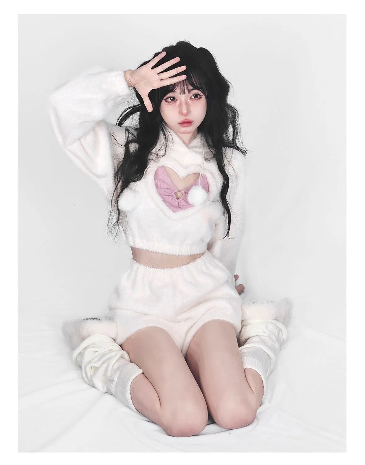 Cute White Hoodie Heart Two Piece Set