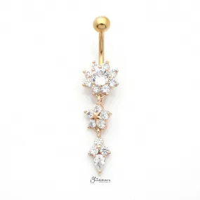 CZ Flowers Dangle Belly Button Navel Ring - Gold