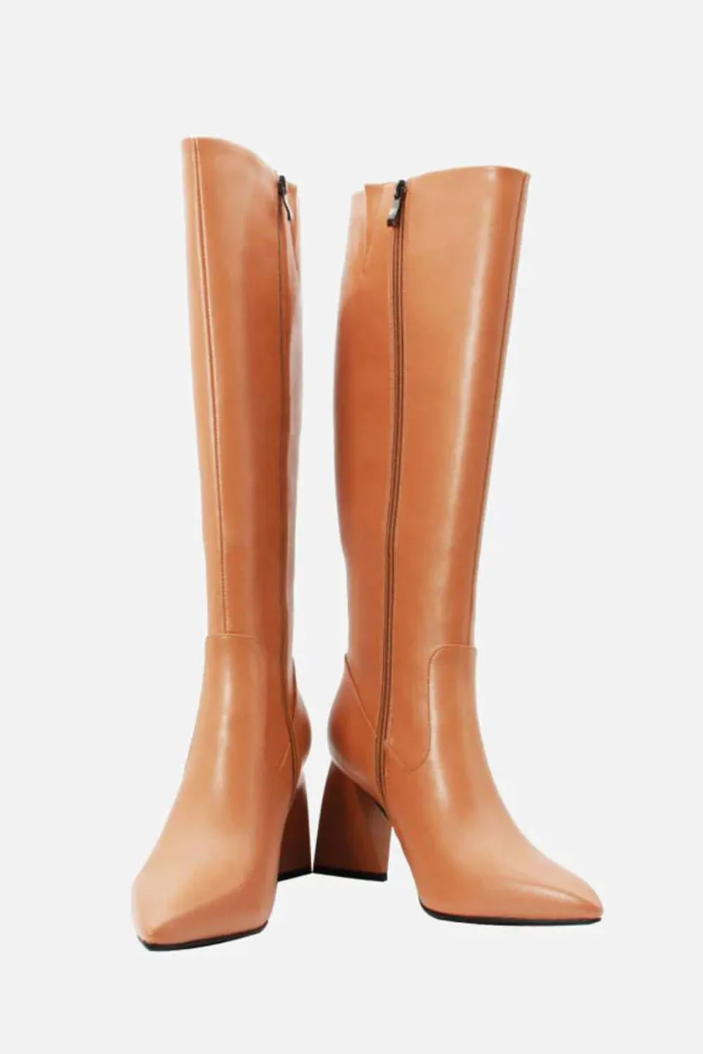 Erthel Pointed Toe Structured Block Heel Knee High Boots in Tan