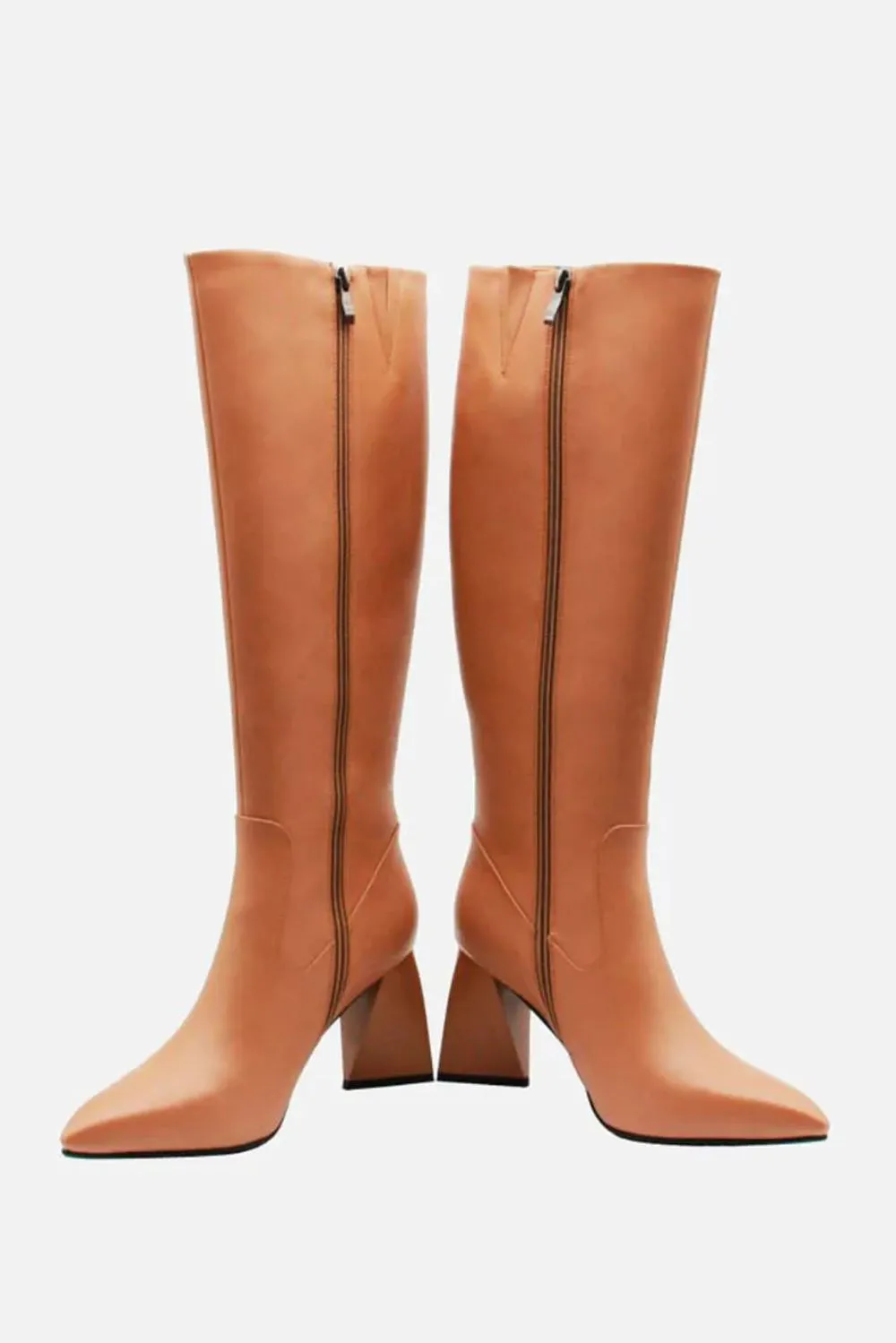 Erthel Pointed Toe Structured Block Heel Knee High Boots in Tan