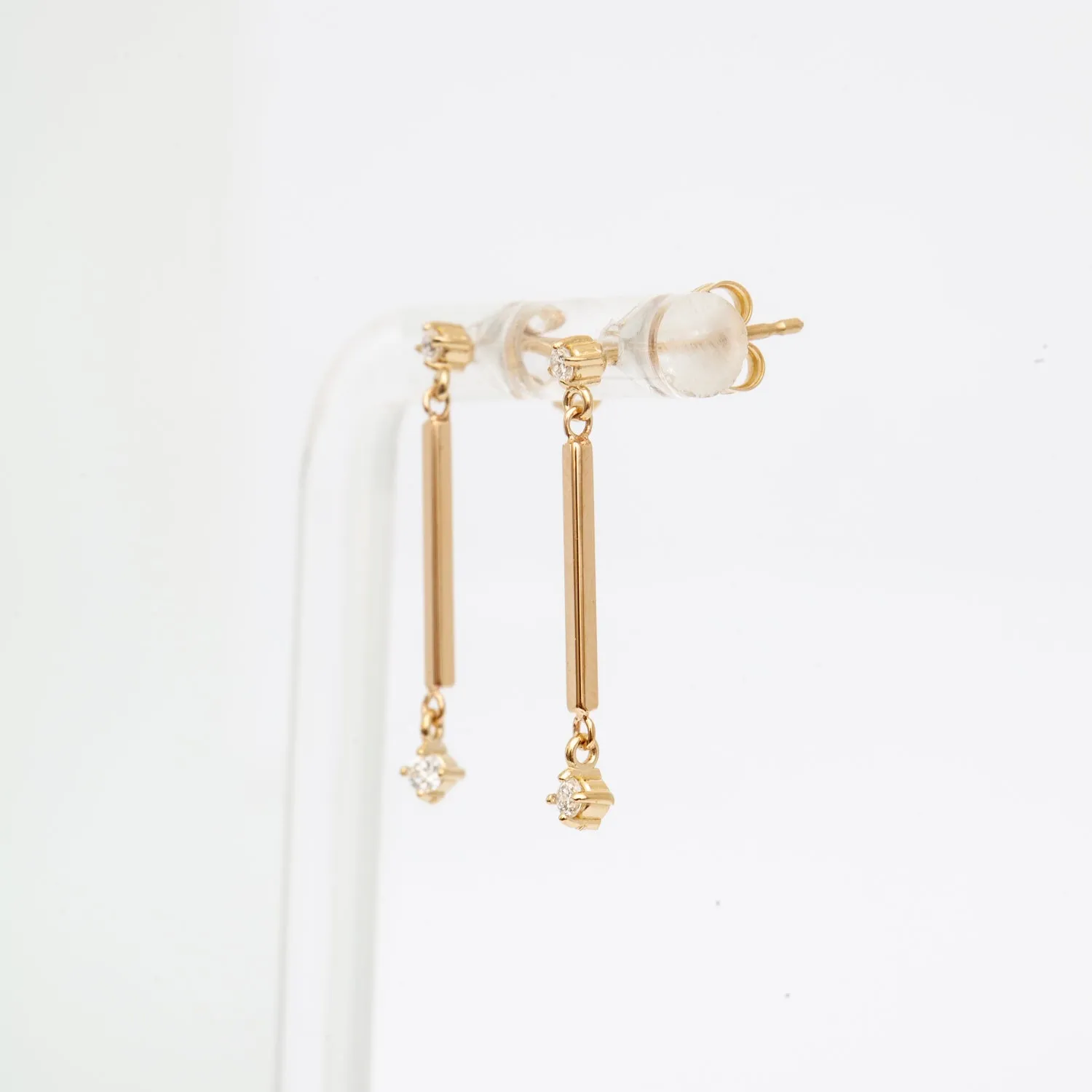 Gold Bar & Double Prong Diamond Drop Earrings