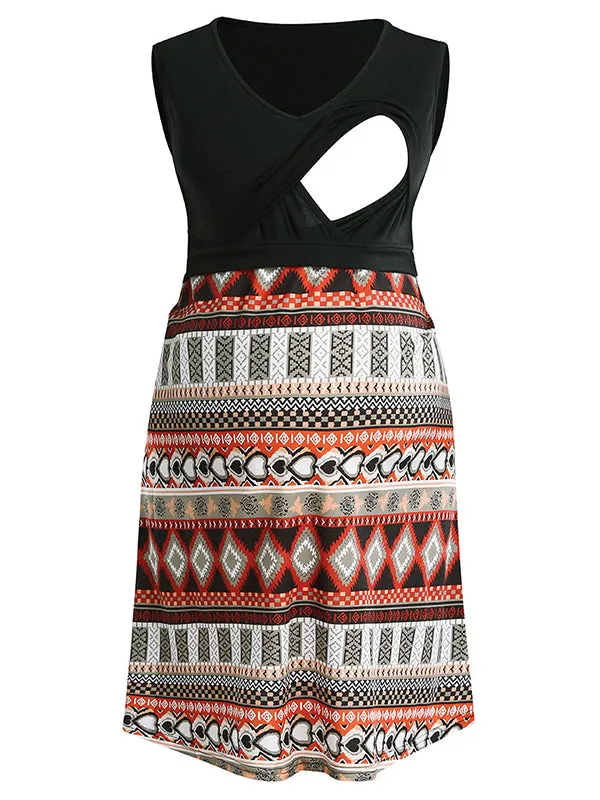 Momnfancy Bohemian Print Draped Nursing Maternity Mini Dress