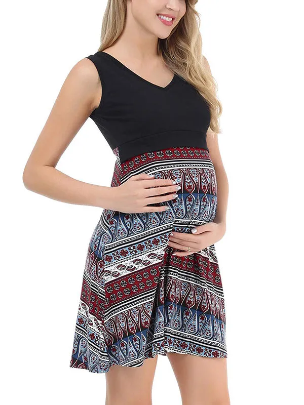 Momnfancy Bohemian Print Draped Nursing Maternity Mini Dress