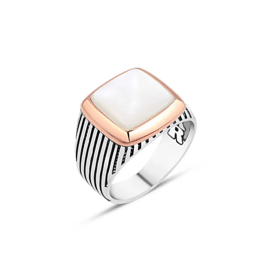 Plain White Square Onyx Stone Silver Men's Ring with Stripe Pattern