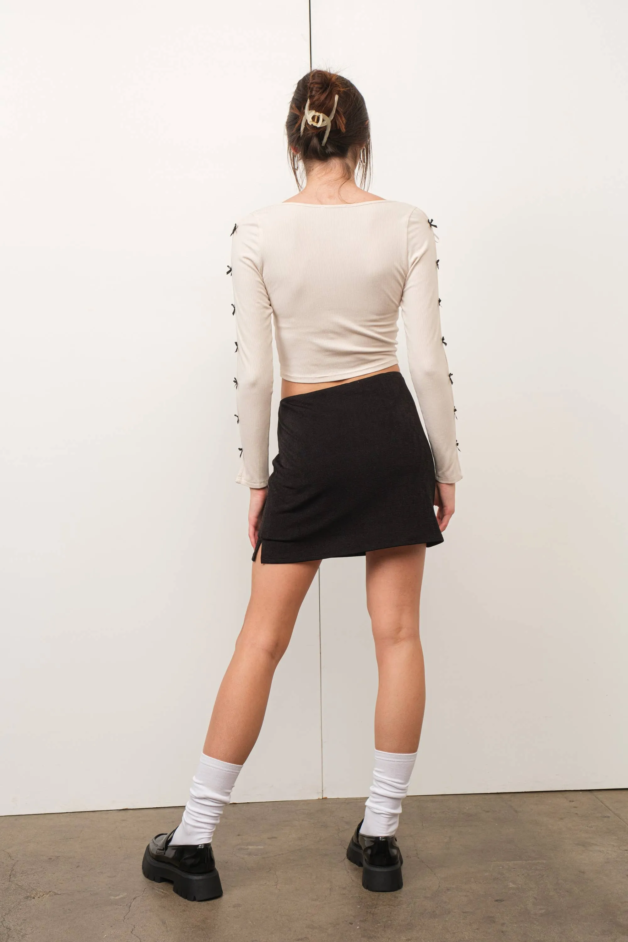 Sand Peekaboo Bow Trim Crop Top