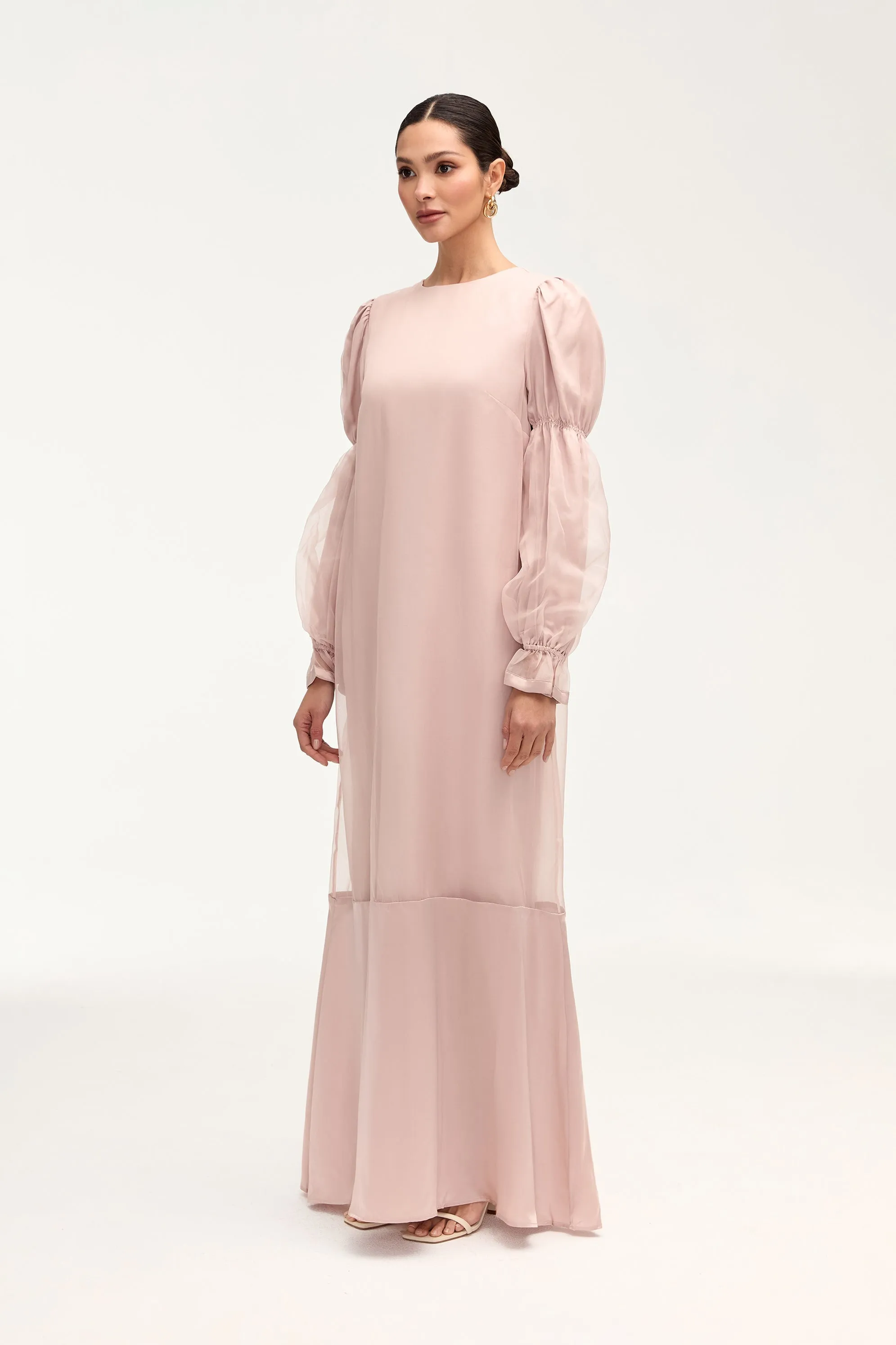 Silk Organza Satin Trim Maxi Dress - Sepia Rose