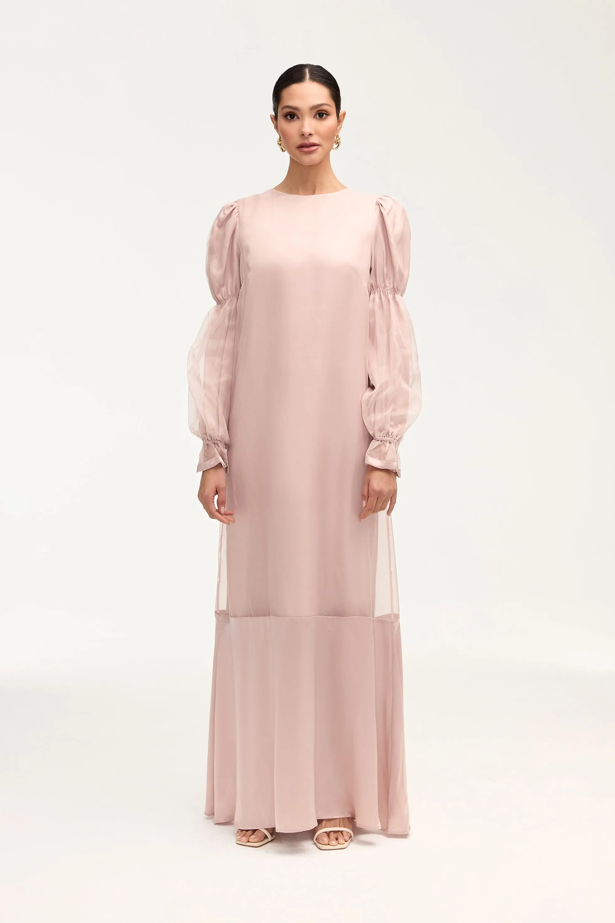 Silk Organza Satin Trim Maxi Dress - Sepia Rose