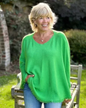 Slash Neck Fringed Poncho Jumper - Apple Green