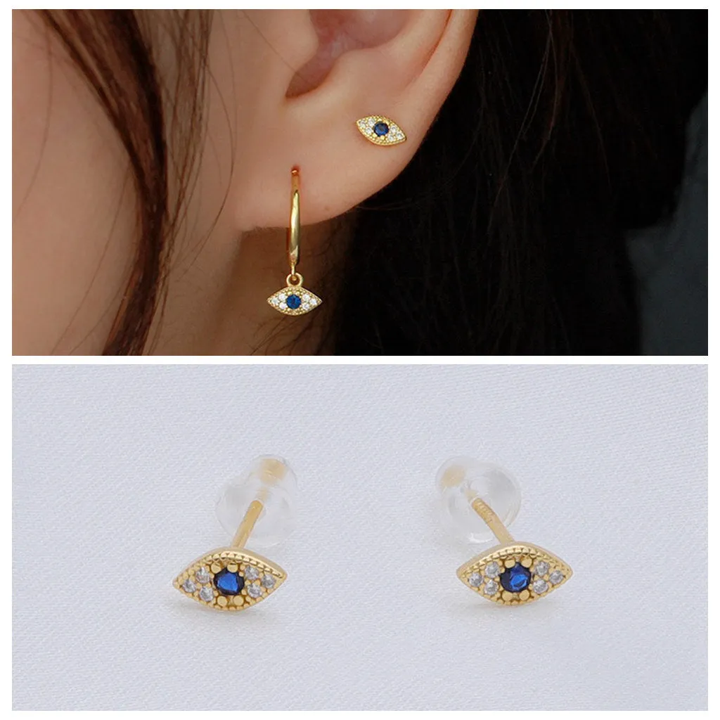 Sterling Silver Evil Eye Stud Earrings - Gold