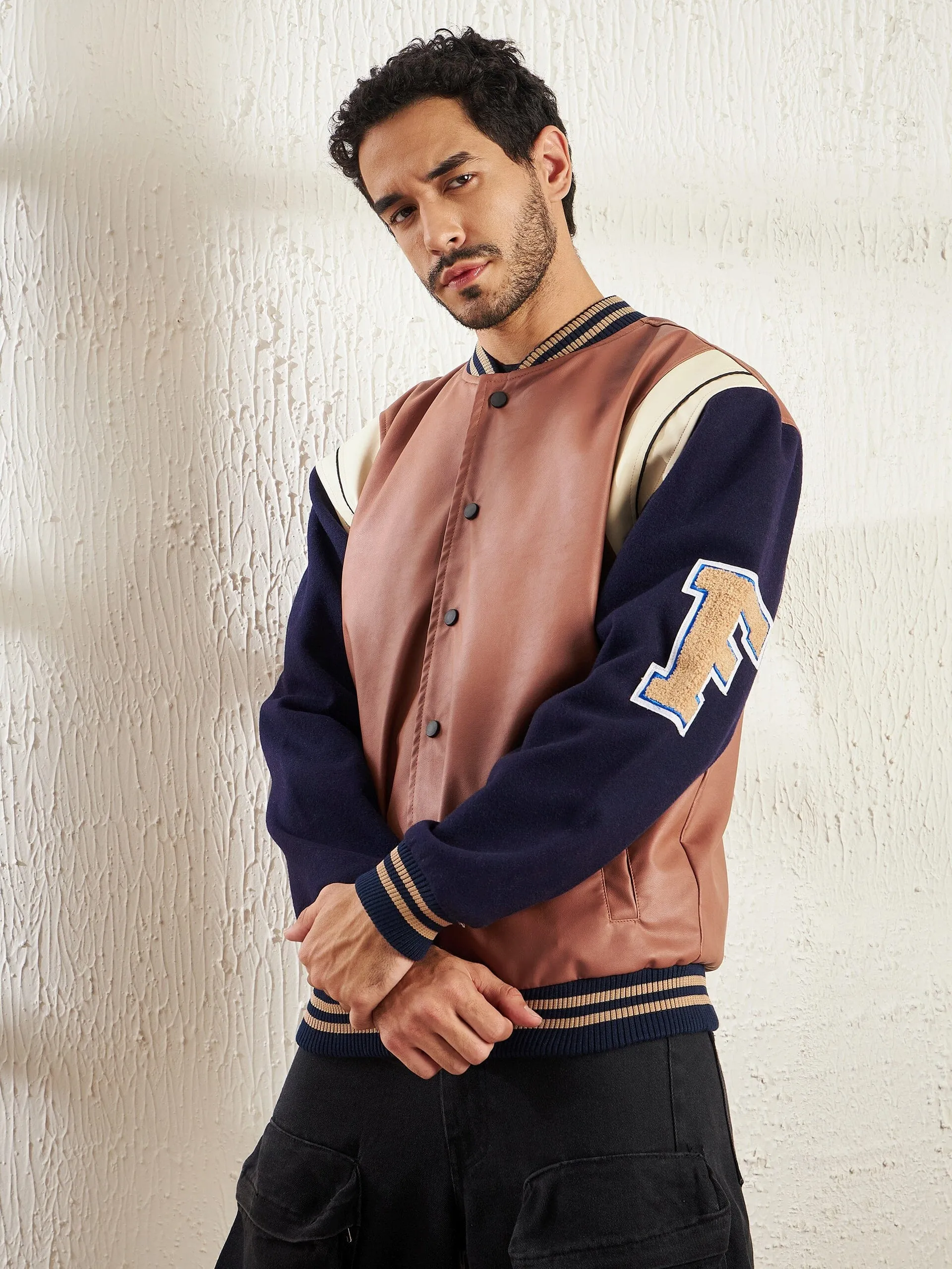 Tan Faux Leather Varsity Jacket