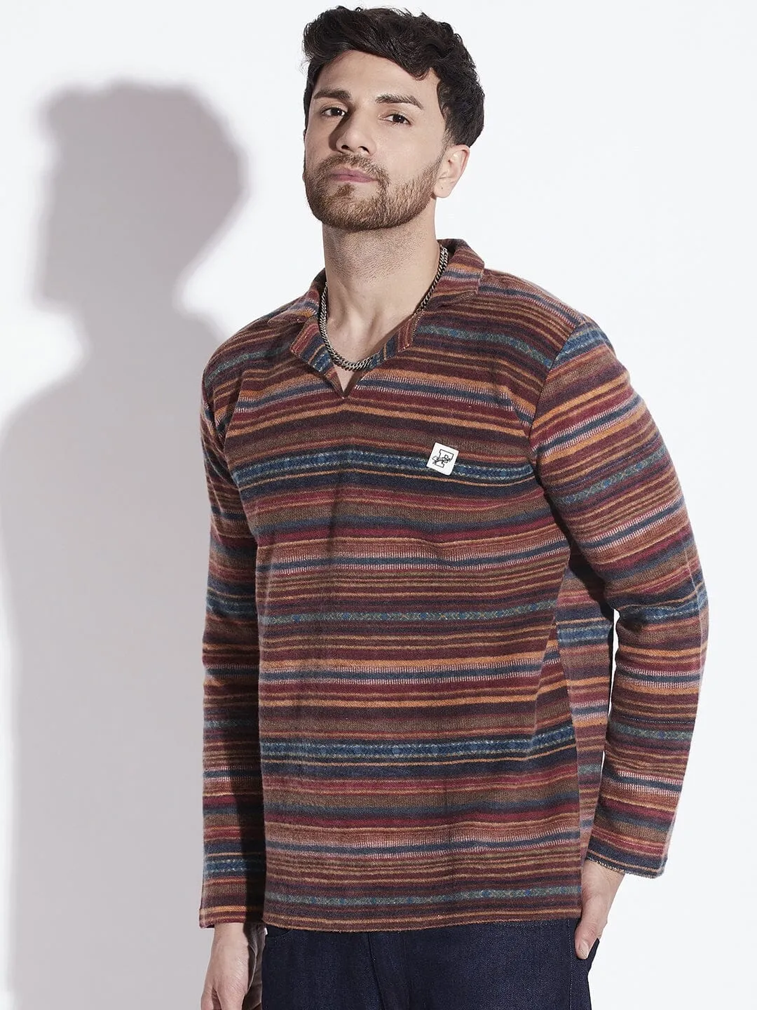 Technicolour Striped Cuban Collared Sweater