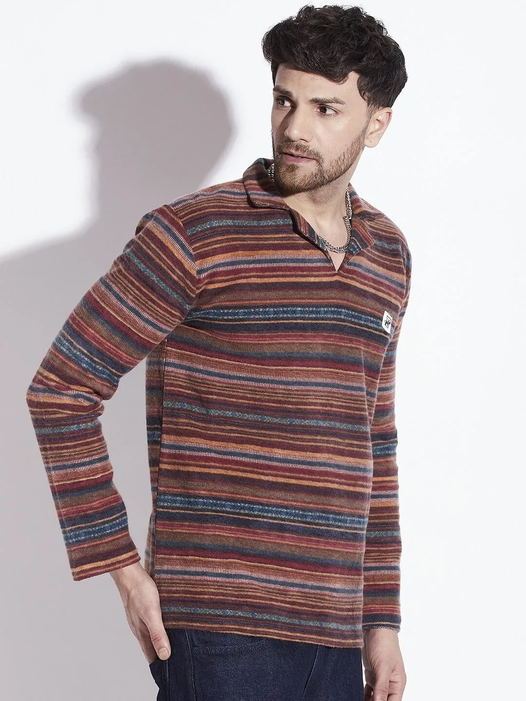 Technicolour Striped Cuban Collared Sweater