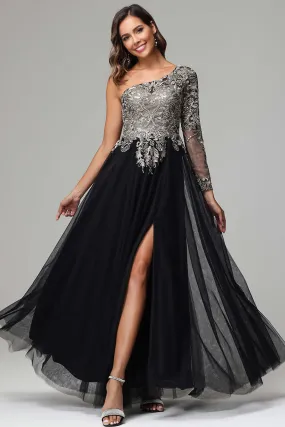 Vintage One Shoulder Long Sleeve Appliqued Tulle Long Prom Dress